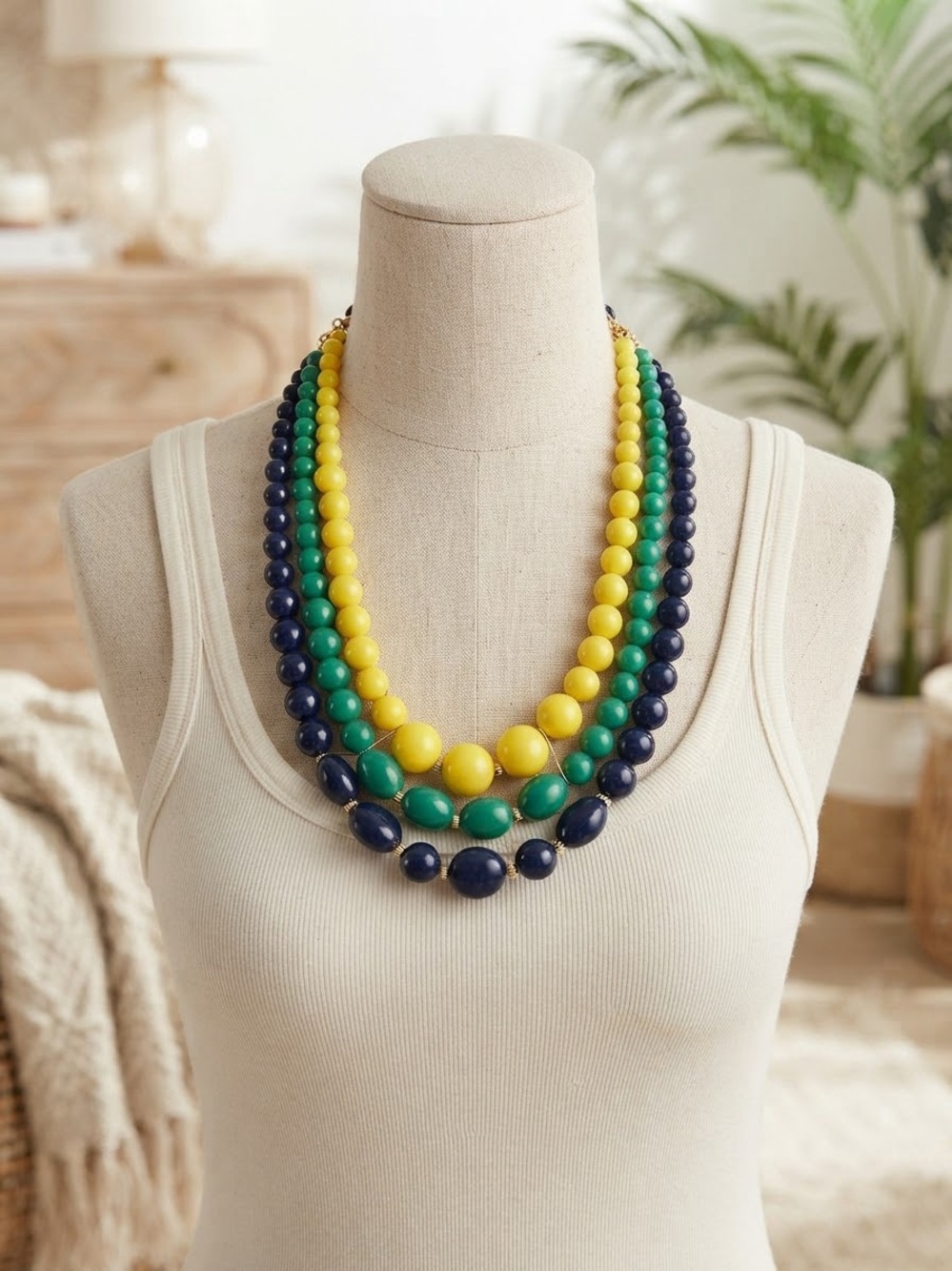 Charming Charlie Multi-Strand Beaded Necklace in Yellow, Green & Navy
